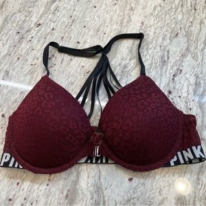 PINK Victoria’s Secret Push-up Front Closure Maroon Cheetah Print Bra Size 32C